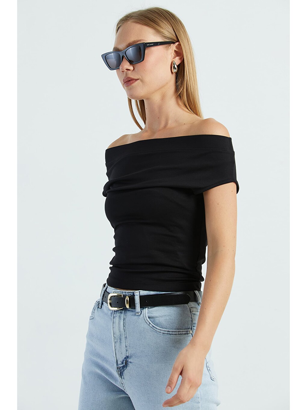 Siyah Basic Madonna Yaka Slim Fit Bluz-2