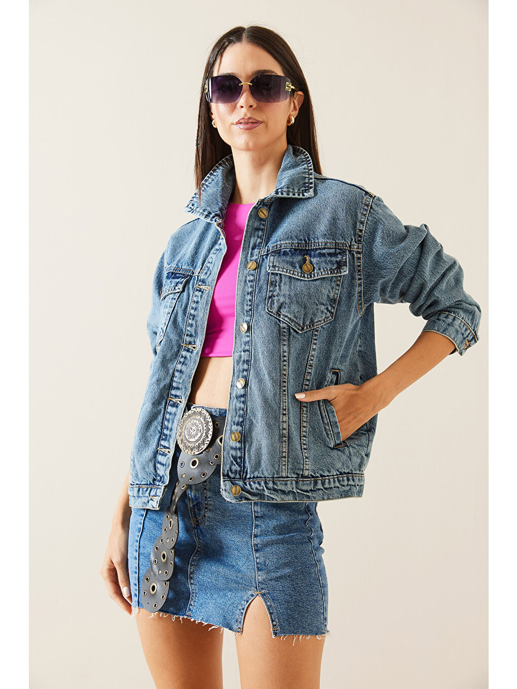 XHAN Mavi Çift Cepli Crop Denim Ceket 5KXK4-48954-12 - 1