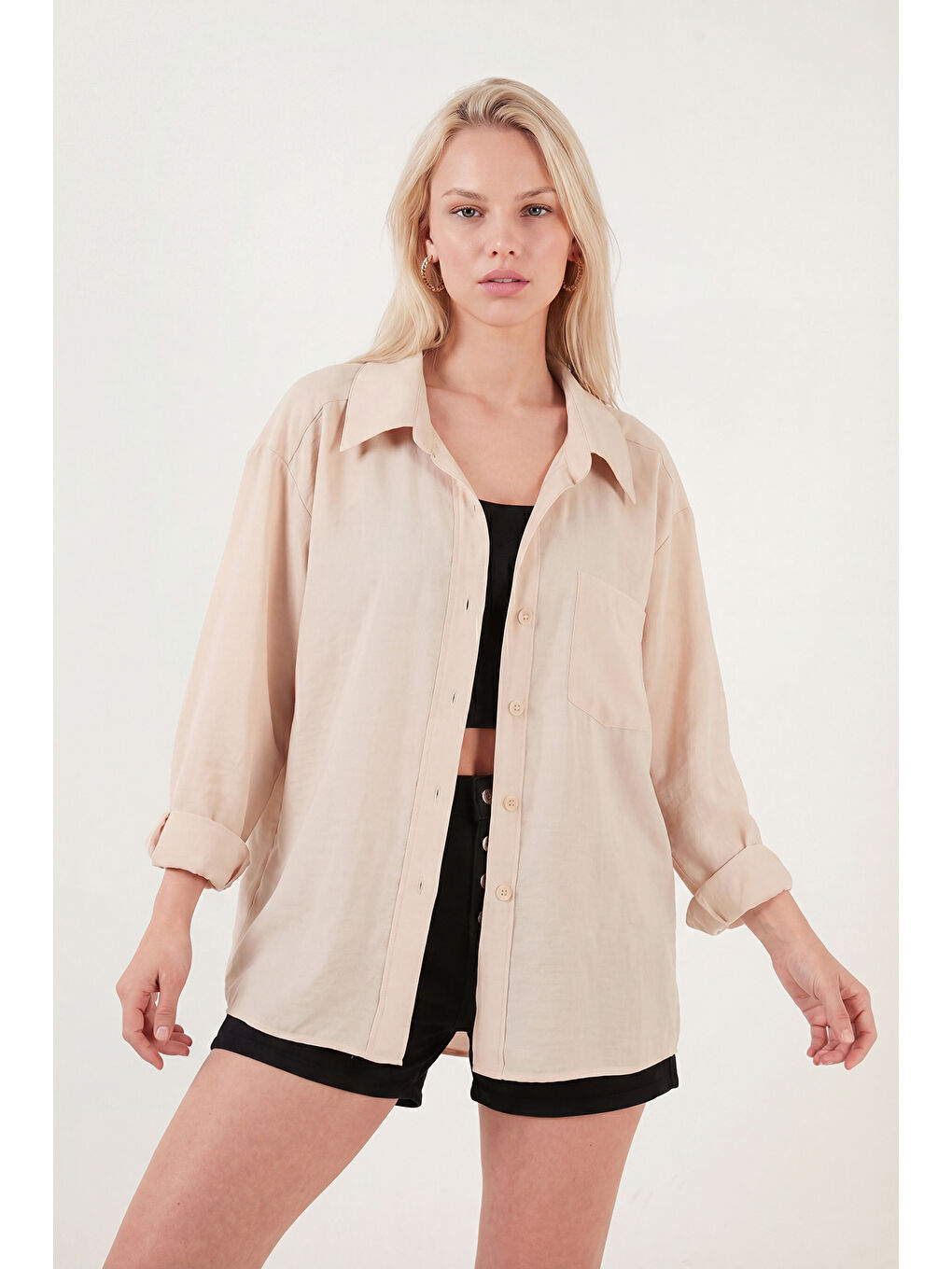 Bej Modal Oversize Fit Uzun Kollu Kadın Gömlek 6834612-1