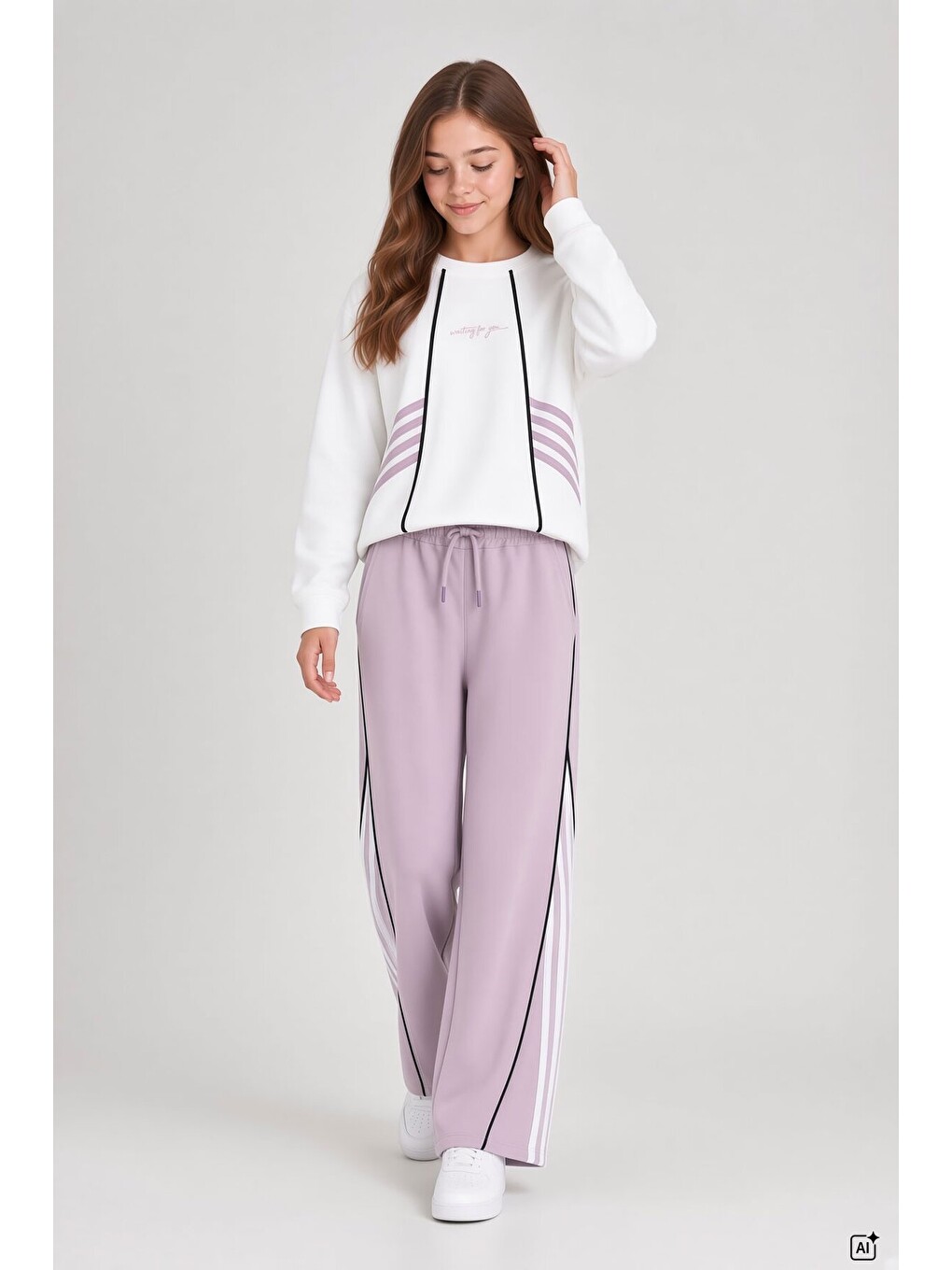 Pembe Kız Çocuk Şeritli Sweatshirt Geniş Paça Eşofman Takımı 24681-1