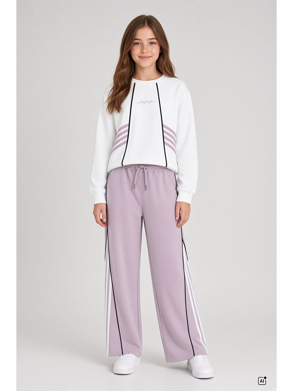 Pembe Kız Çocuk Şeritli Sweatshirt Geniş Paça Eşofman Takımı 24681-2