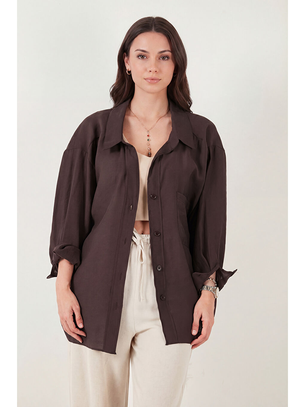 Kahverengi Modal Oversize Fit Uzun Kollu Kadın Gömlek 6834612-1
