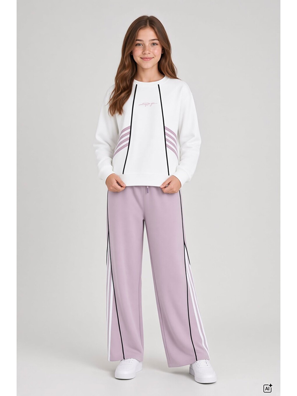 Pembe Kız Çocuk Şeritli Sweatshirt Geniş Paça Eşofman Takımı 24681-3
