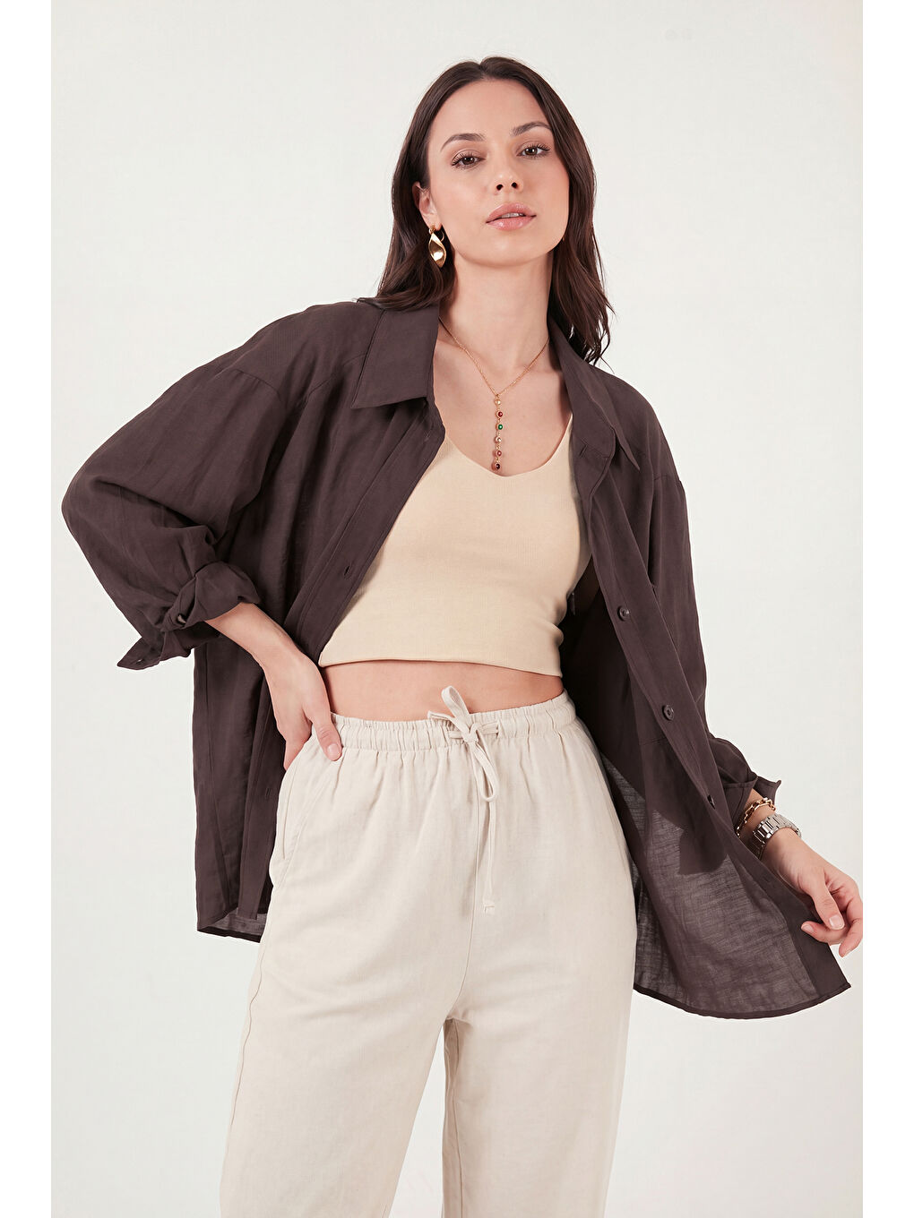 Kahverengi Modal Oversize Fit Uzun Kollu Kadın Gömlek 6834612-2