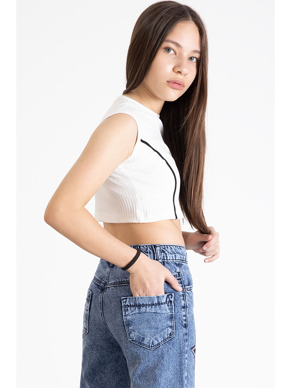 Mavi Beli Lastikli Geniş Paça Kız Çocuk Payetli Jean Pantolon 20320-2