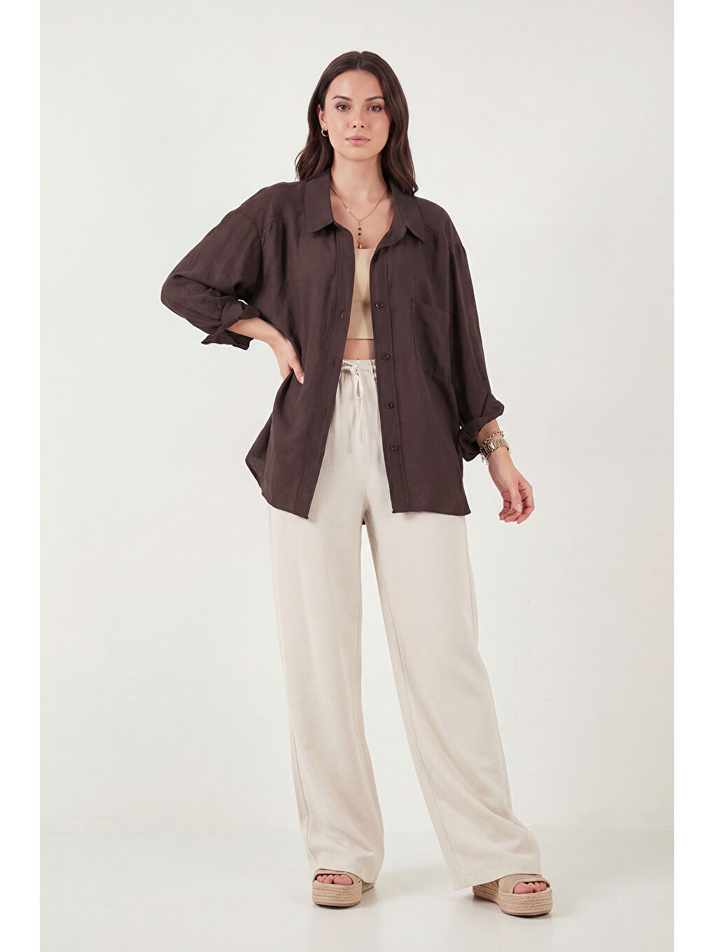 Kahverengi Modal Oversize Fit Uzun Kollu Kadın Gömlek 6834612-3