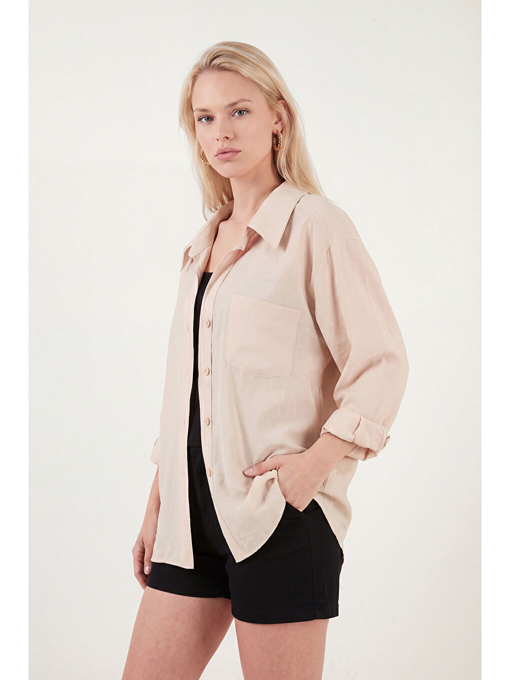 Bej Modal Oversize Fit Uzun Kollu Kadın Gömlek 6834612-2