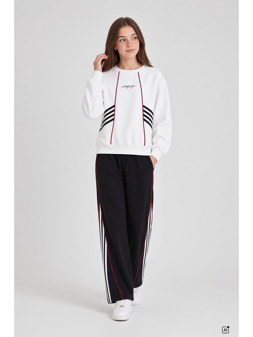 Siyah Kız Çocuk Şeritli Sweatshirt Geniş Paça Eşofman Takımı 24680-1