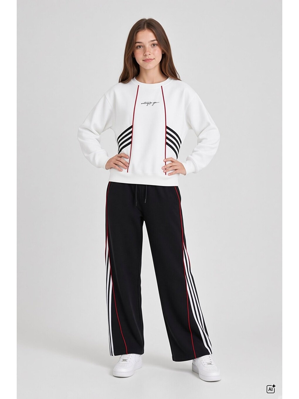 Siyah Kız Çocuk Şeritli Sweatshirt Geniş Paça Eşofman Takımı 24680-2