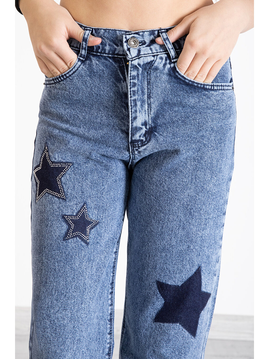 Mavi Beli Lastikli Geniş Paça Kız Çocuk Payetli Jean Pantolon 20320-4