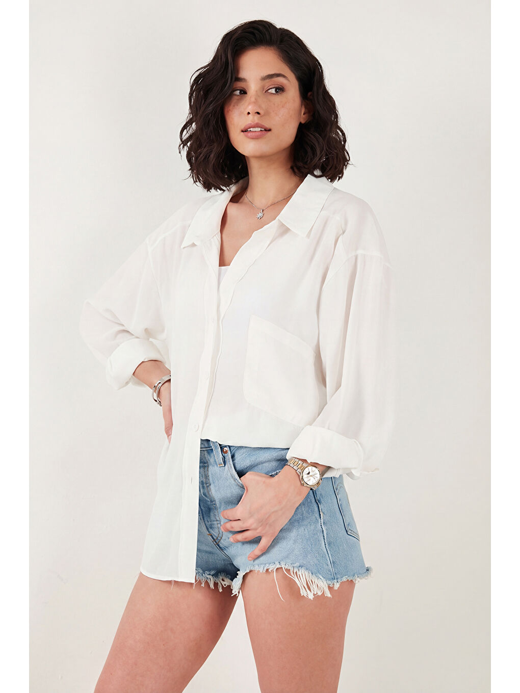 Beyaz Modal Oversize Fit Uzun Kollu Kadın Gömlek 6834612-2