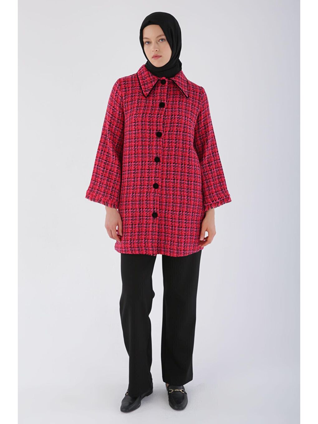 Kırmızı Kadife Düğmeli Gömlek Yaka Tüvit Ceket-1