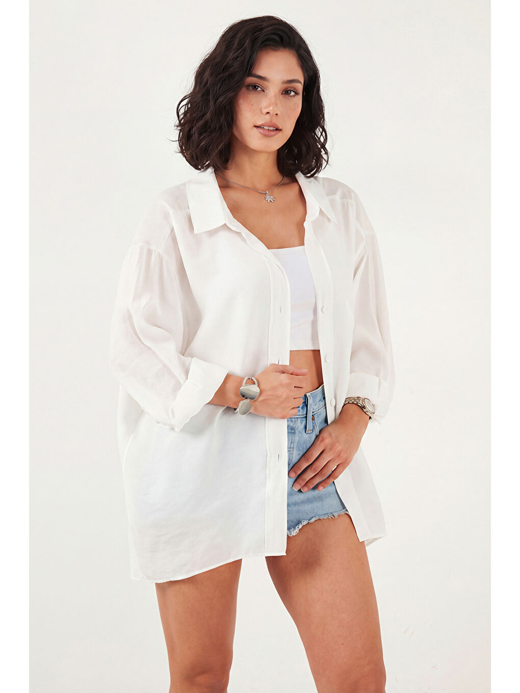 Beyaz Modal Oversize Fit Uzun Kollu Kadın Gömlek 6834612-3