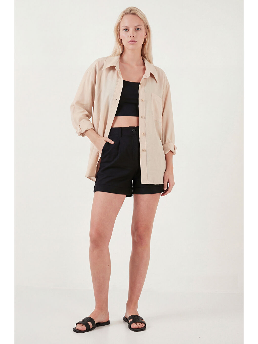 Bej Modal Oversize Fit Uzun Kollu Kadın Gömlek 6834612-3