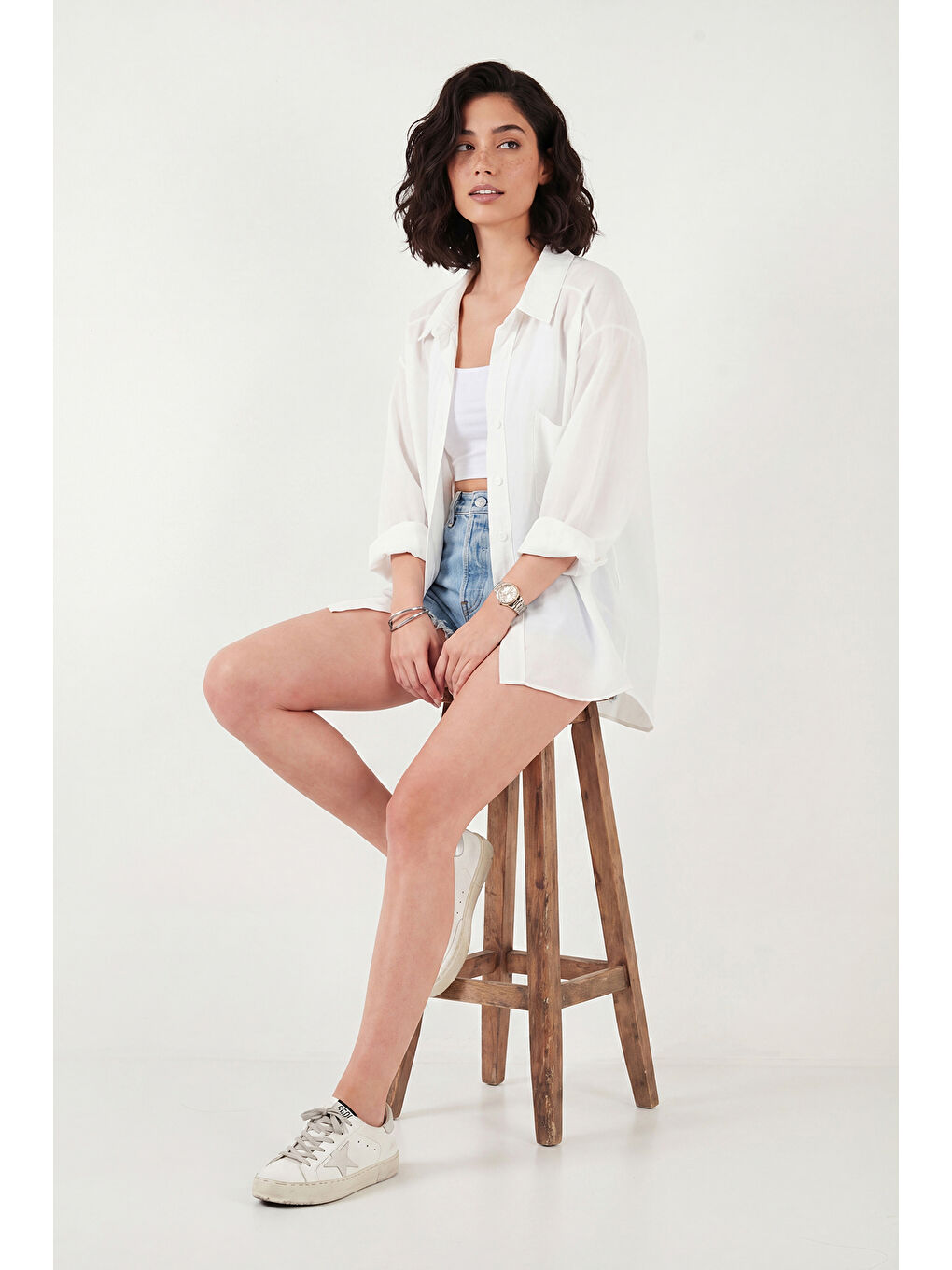 Beyaz Modal Oversize Fit Uzun Kollu Kadın Gömlek 6834612-4