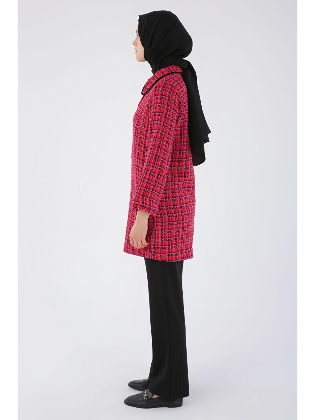 Kırmızı Kadife Düğmeli Gömlek Yaka Tüvit Ceket-2