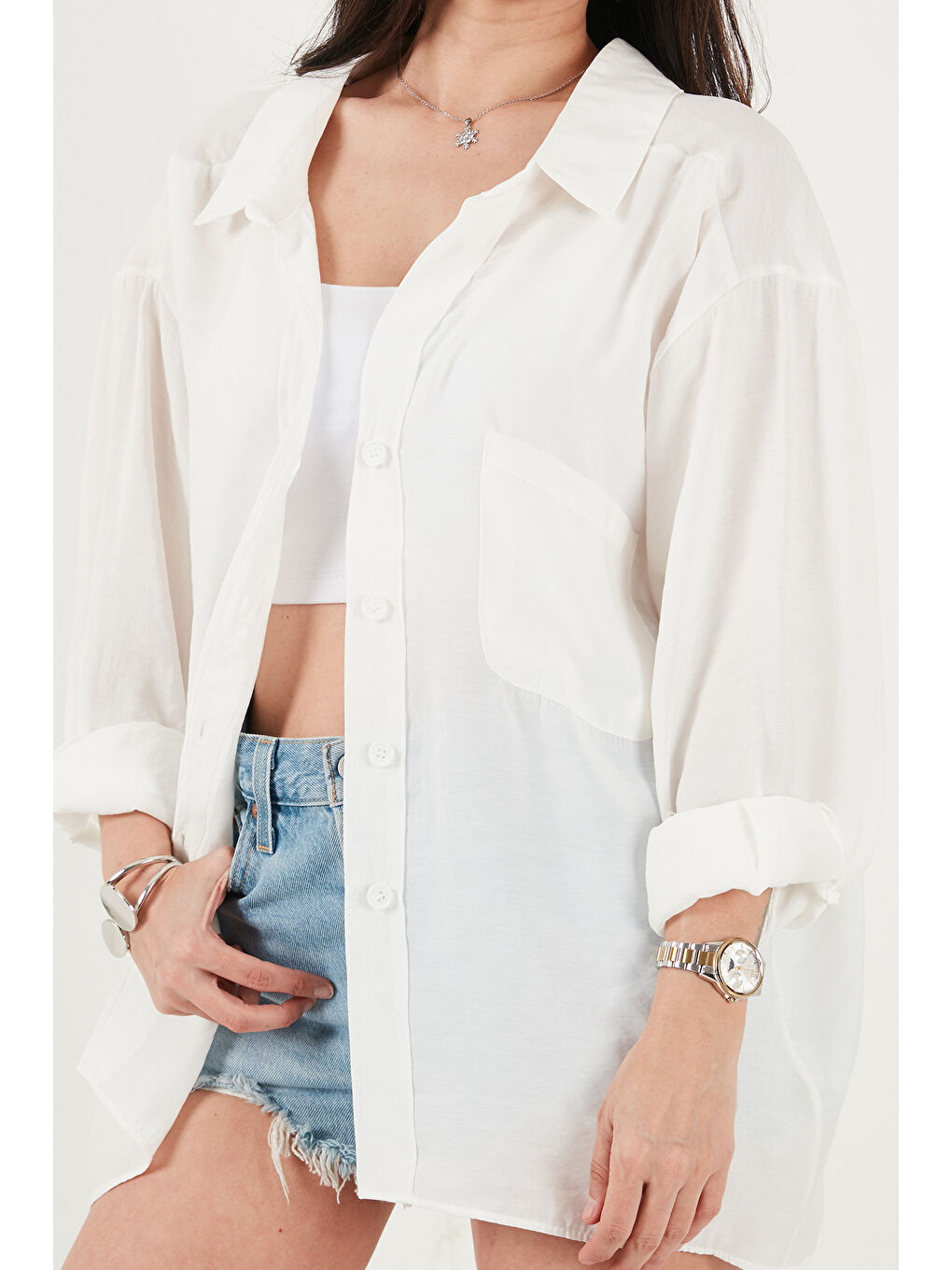 Beyaz Modal Oversize Fit Uzun Kollu Kadın Gömlek 6834612-5