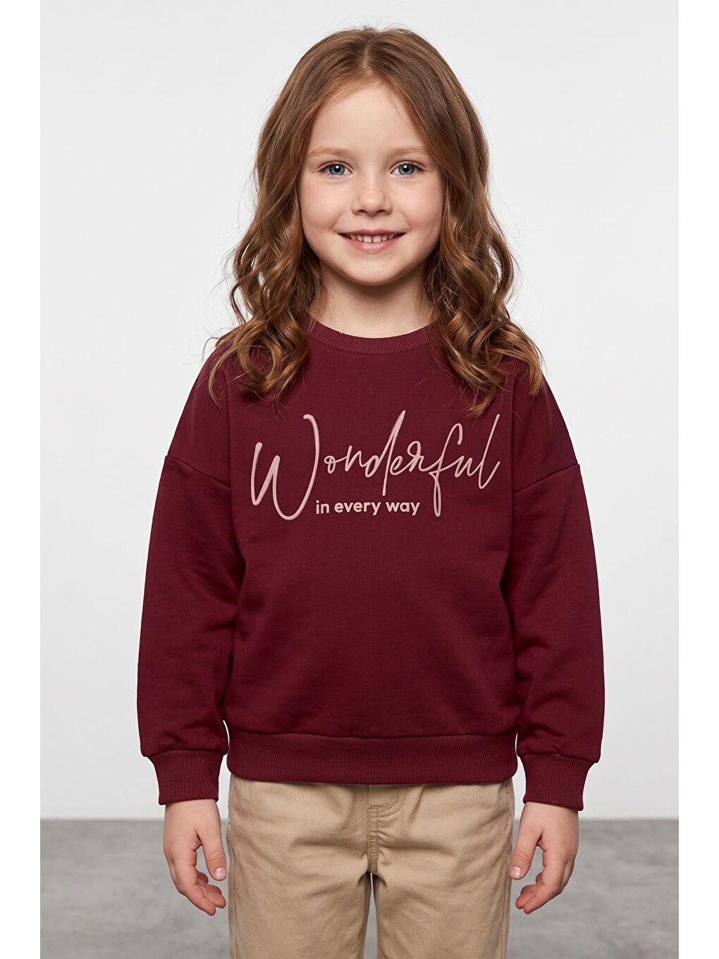 Bordo Kabartma Baskılı Oversize Kız Çocuk Sweatshirt-1