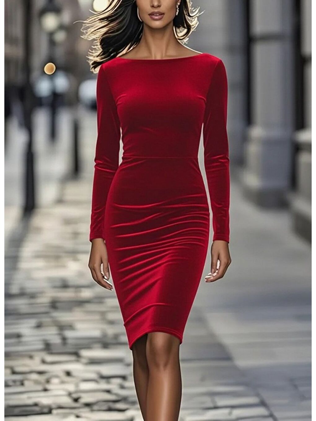 Kırmızı Kadın Uzun Kollu Kayık Yaka Mini Kadife Elbise