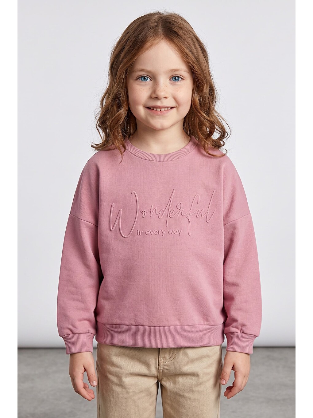 Pembe Kabartma Baskılı Oversize Kız Çocuk Sweatshirt-1