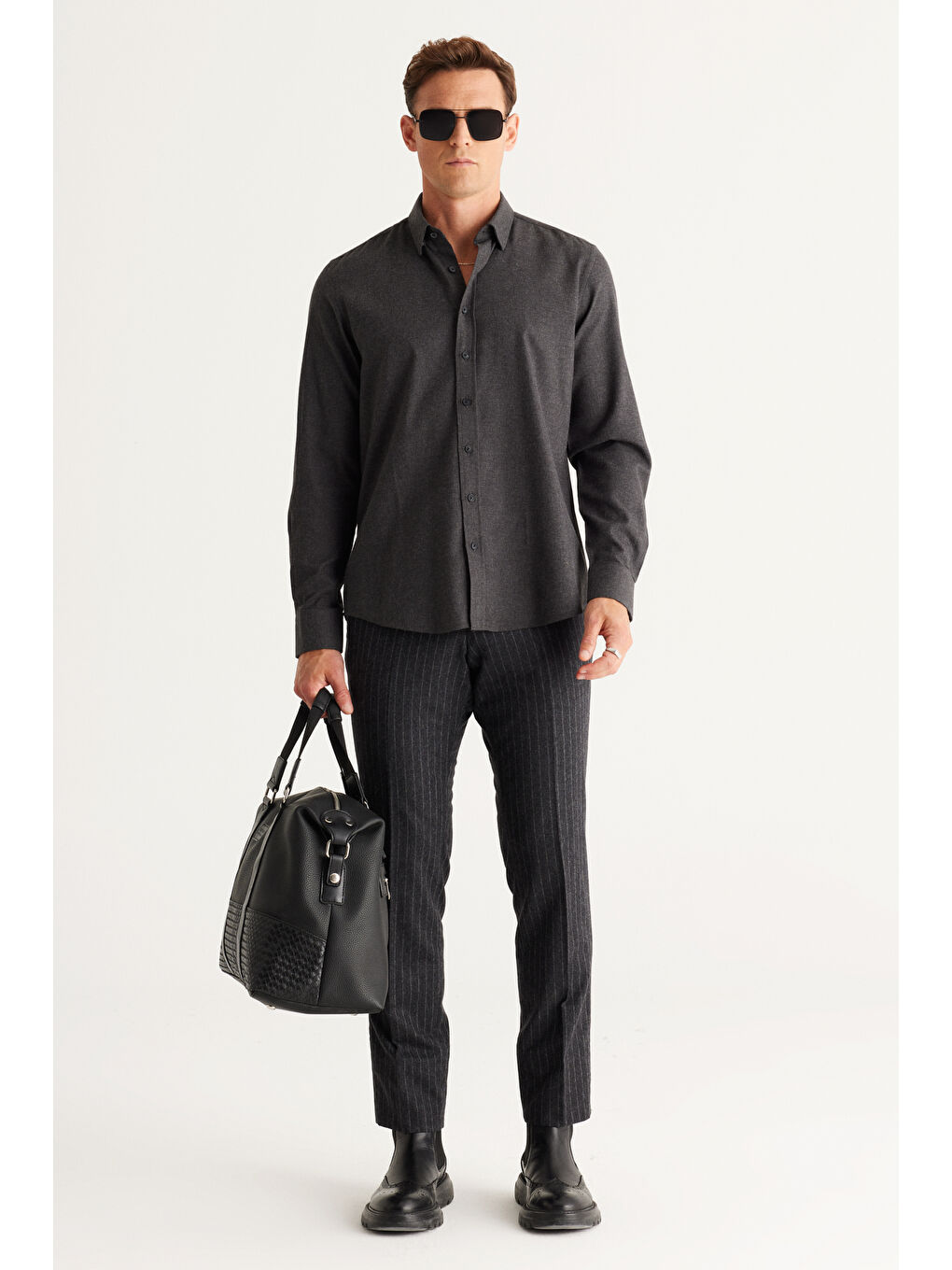 Erkek Antrasit Recycle Slim Fit Dar Kesim Gizli Düğmeli Yaka Pamuklu Flanel Oduncu Gömlek-1