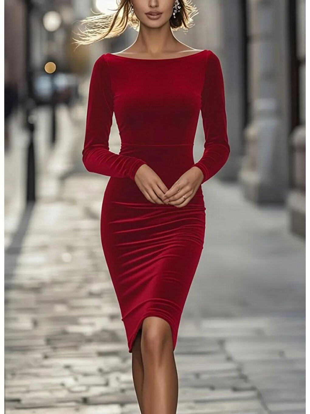 Kırmızı Kadın Uzun Kollu Kayık Yaka Mini Kadife Elbise-1