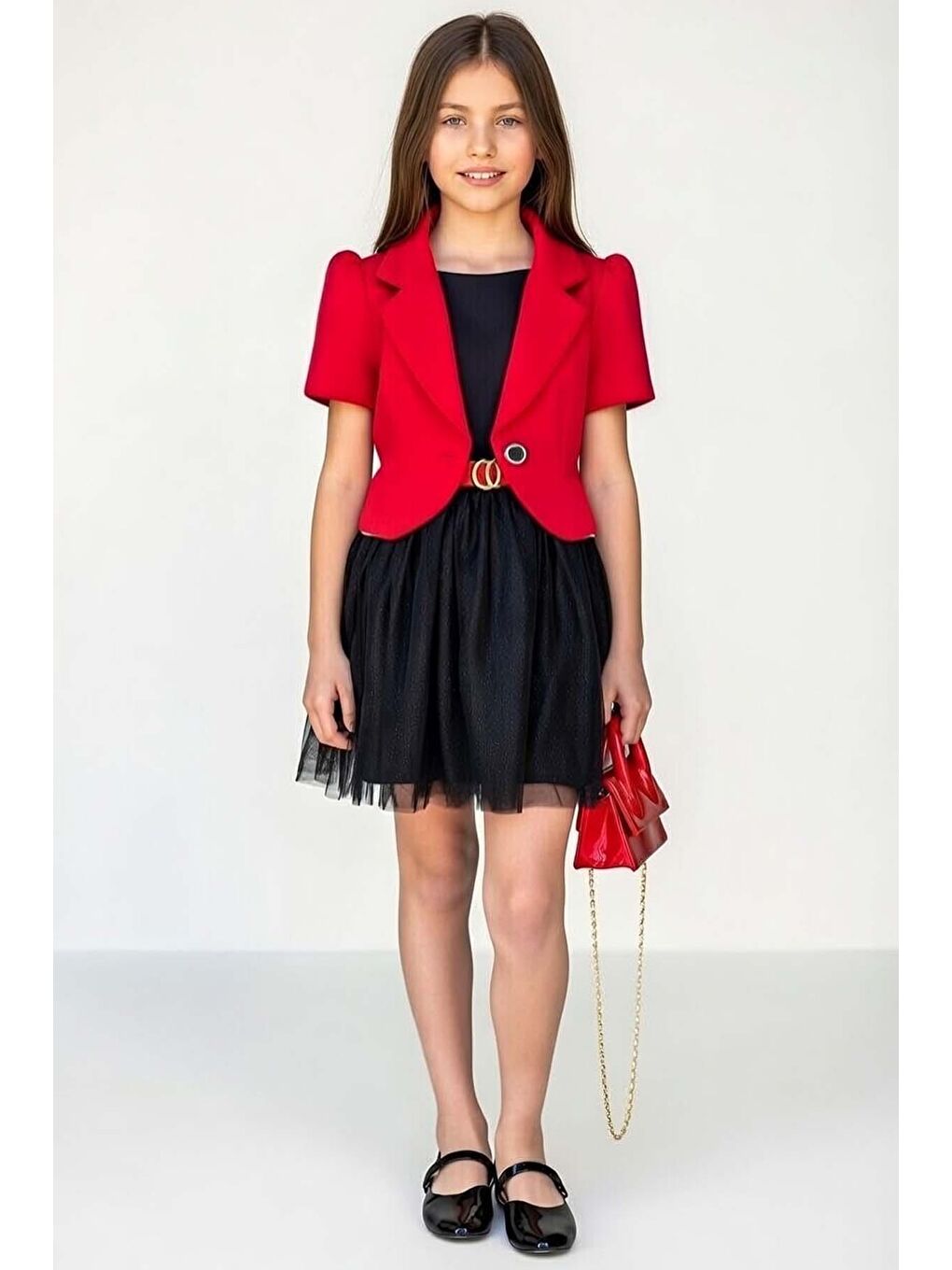 Siyah Kız Çocuk Blazer Ceketli, Üzeri Saten Eteği Astarlı ve Simli Kolsuz Elbise
