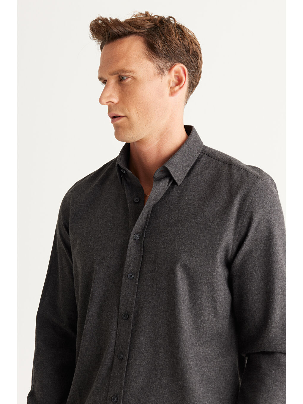 Erkek Antrasit Recycle Slim Fit Dar Kesim Gizli Düğmeli Yaka Pamuklu Flanel Oduncu Gömlek-2
