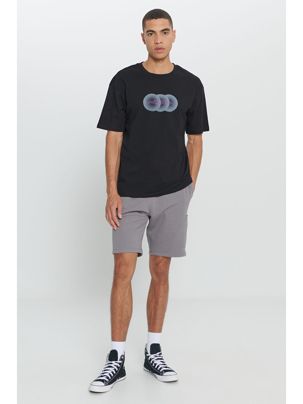 Erkek Siyah Loose Fit Bol Kesim %100 Pamuk Baskılı Bisiklet Yaka Tişört-1