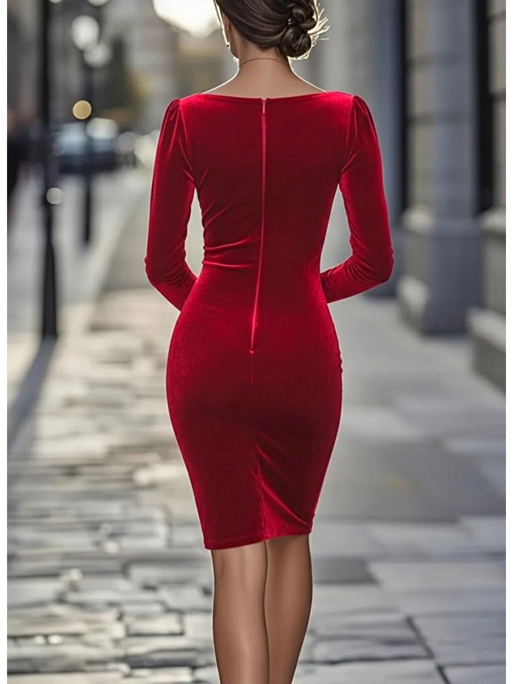 Kırmızı Kadın Uzun Kollu Kayık Yaka Mini Kadife Elbise-2
