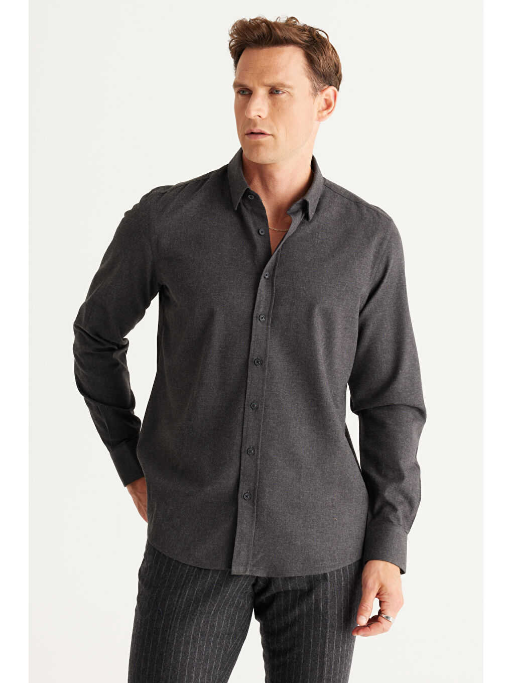 Erkek Antrasit Recycle Slim Fit Dar Kesim Gizli Düğmeli Yaka Pamuklu Flanel Oduncu Gömlek-3