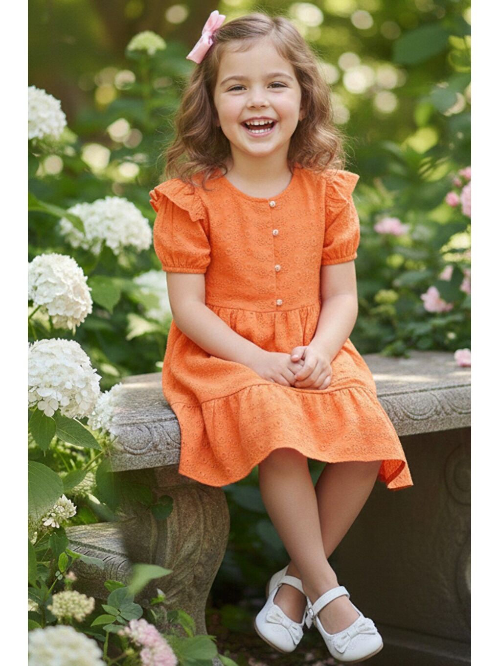 Kız Çocuk Turuncu Fisto Kumaş Düğmeli Yazlık Elbise 12526-1