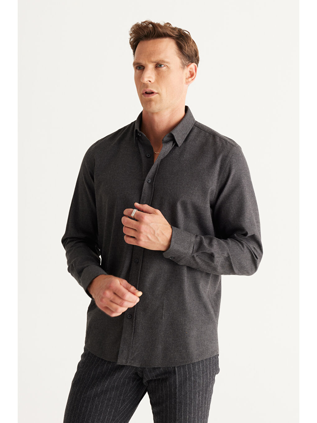 Erkek Antrasit Recycle Slim Fit Dar Kesim Gizli Düğmeli Yaka Pamuklu Flanel Oduncu Gömlek-4