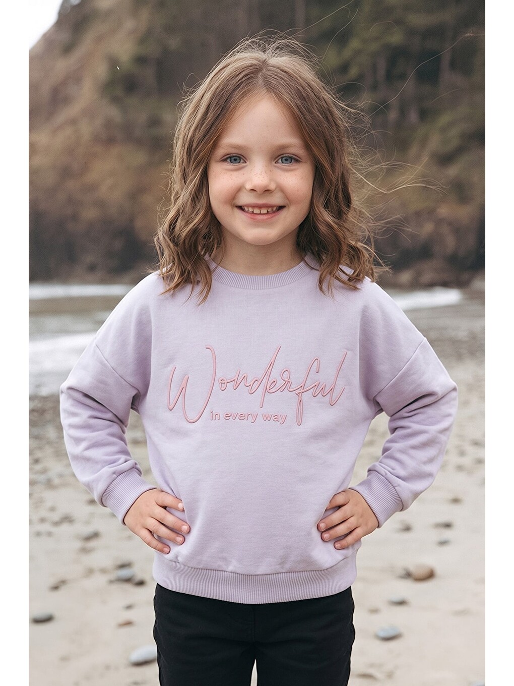 Gri Kabartma Baskılı Oversize Kız Çocuk Sweatshirt