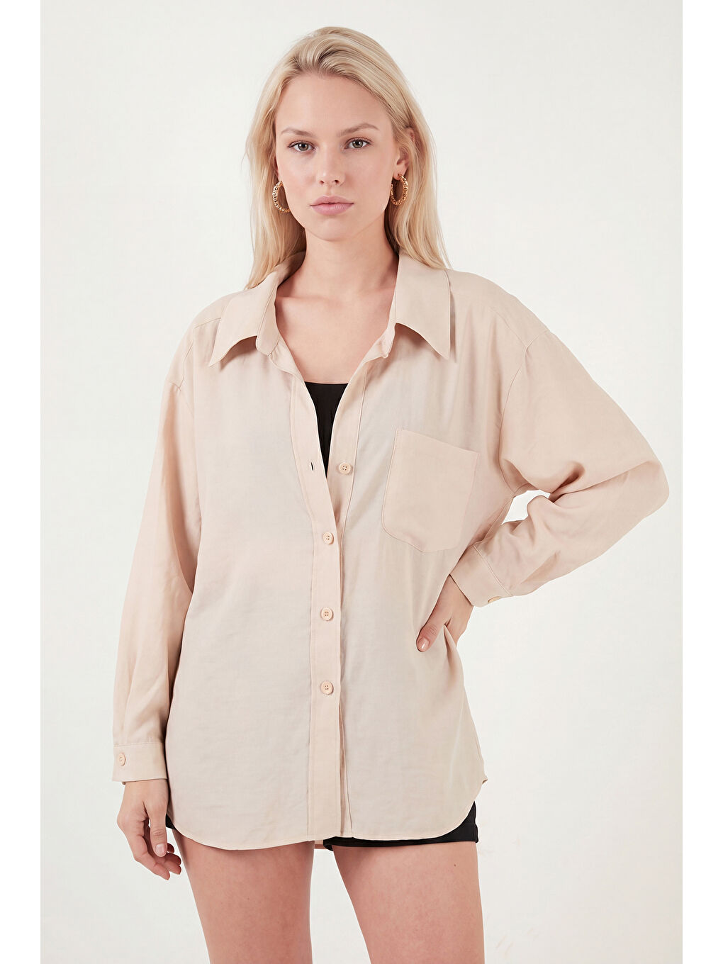 Bej Modal Oversize Fit Uzun Kollu Kadın Gömlek 6834612-4