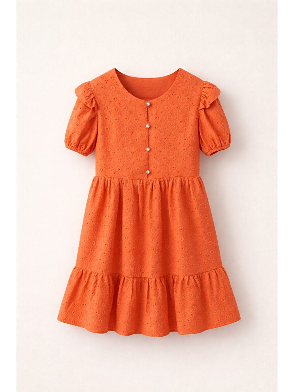 Kız Çocuk Turuncu Fisto Kumaş Düğmeli Yazlık Elbise 12526-2