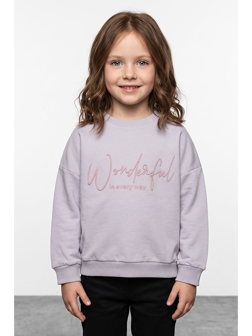 Gri Kabartma Baskılı Oversize Kız Çocuk Sweatshirt-1