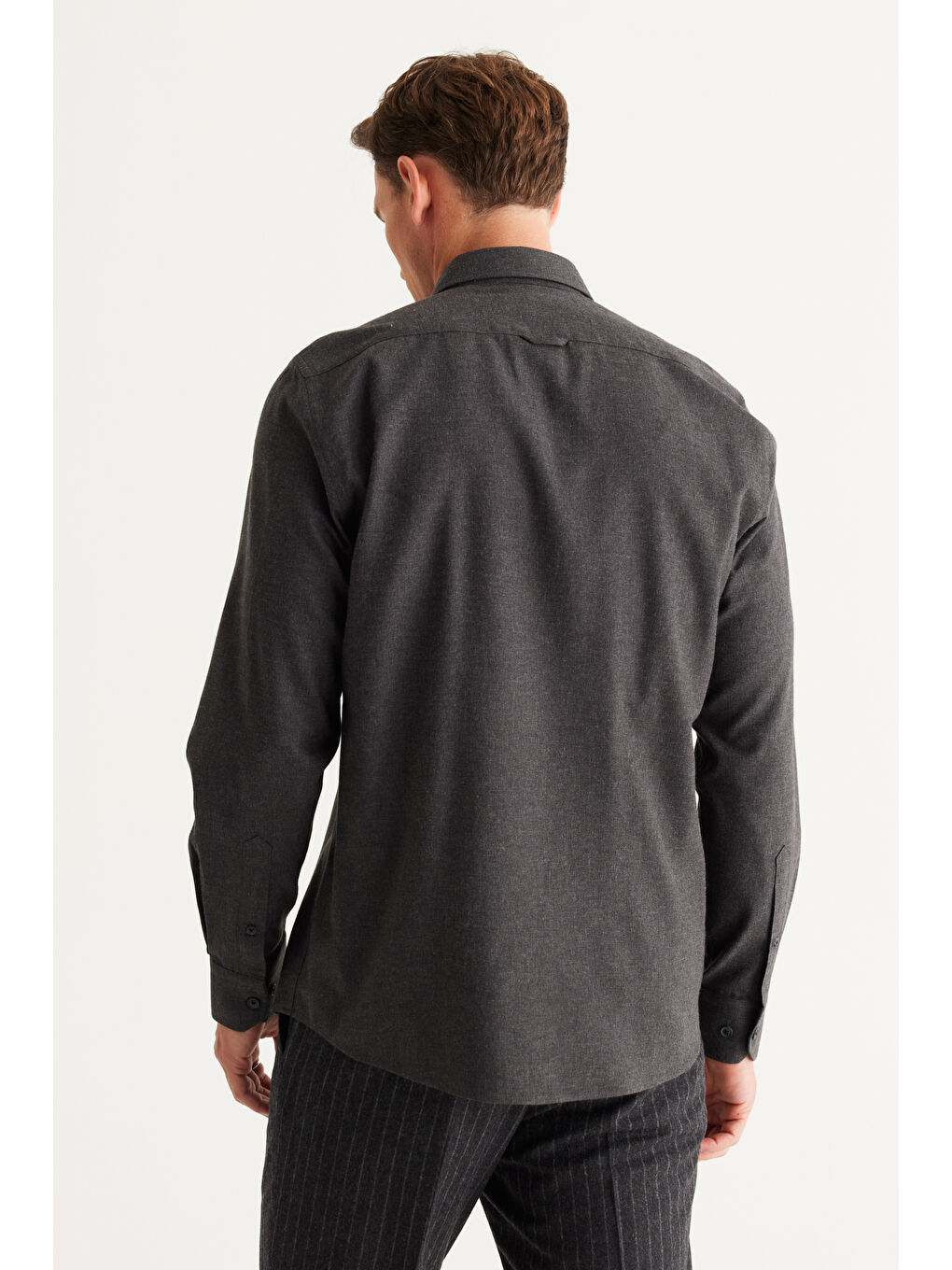 Erkek Antrasit Recycle Slim Fit Dar Kesim Gizli Düğmeli Yaka Pamuklu Flanel Oduncu Gömlek-5
