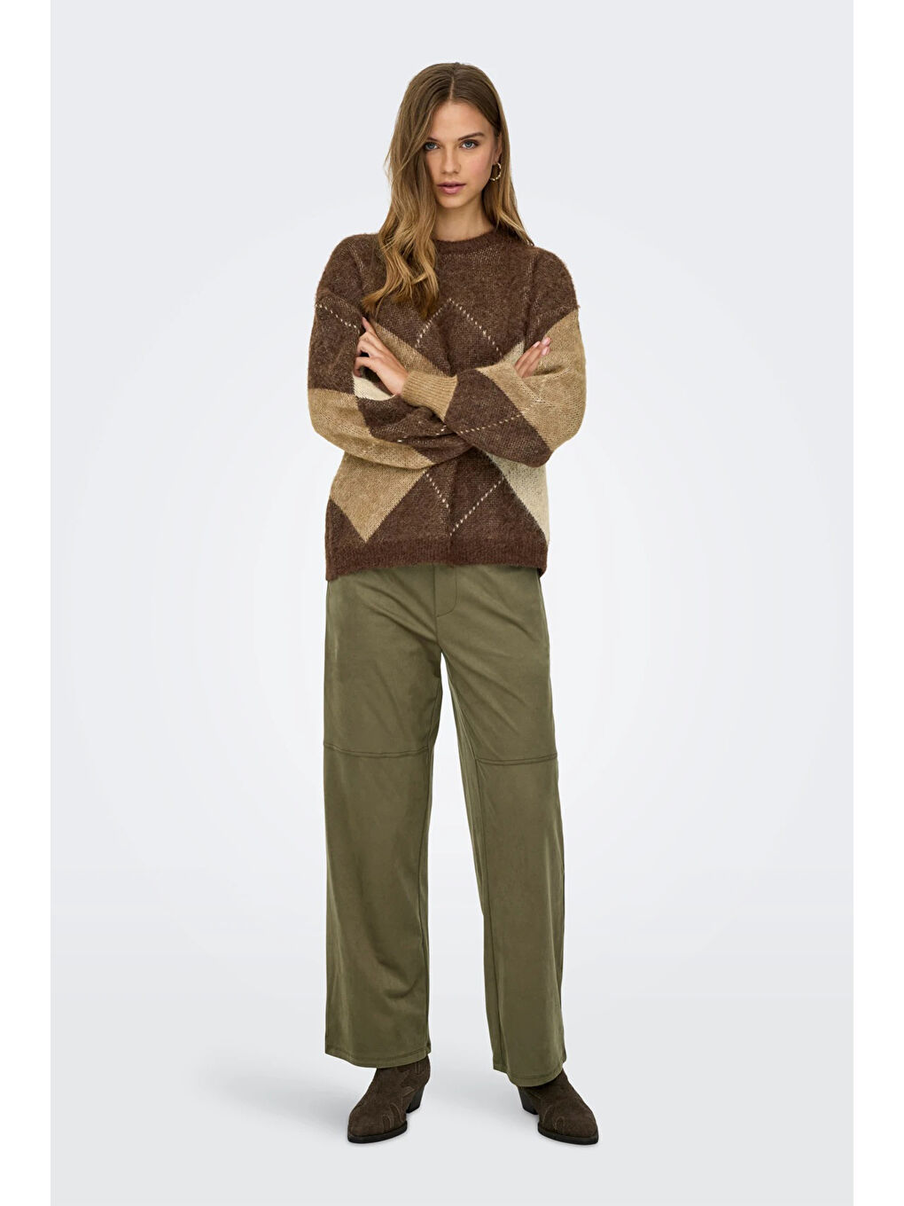 Kahverengi Onlnoeme Baklava Desenli Yün Karışımlı Regular Fit Örme Kazak 15353226-1