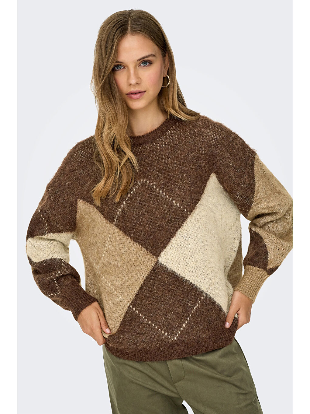 Kahverengi Onlnoeme Baklava Desenli Yün Karışımlı Regular Fit Örme Kazak 15353226-2