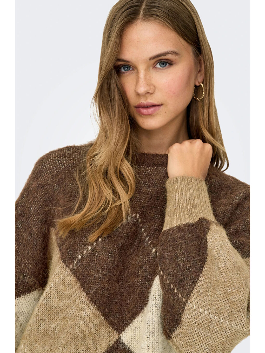 Kahverengi Onlnoeme Baklava Desenli Yün Karışımlı Regular Fit Örme Kazak 15353226-3