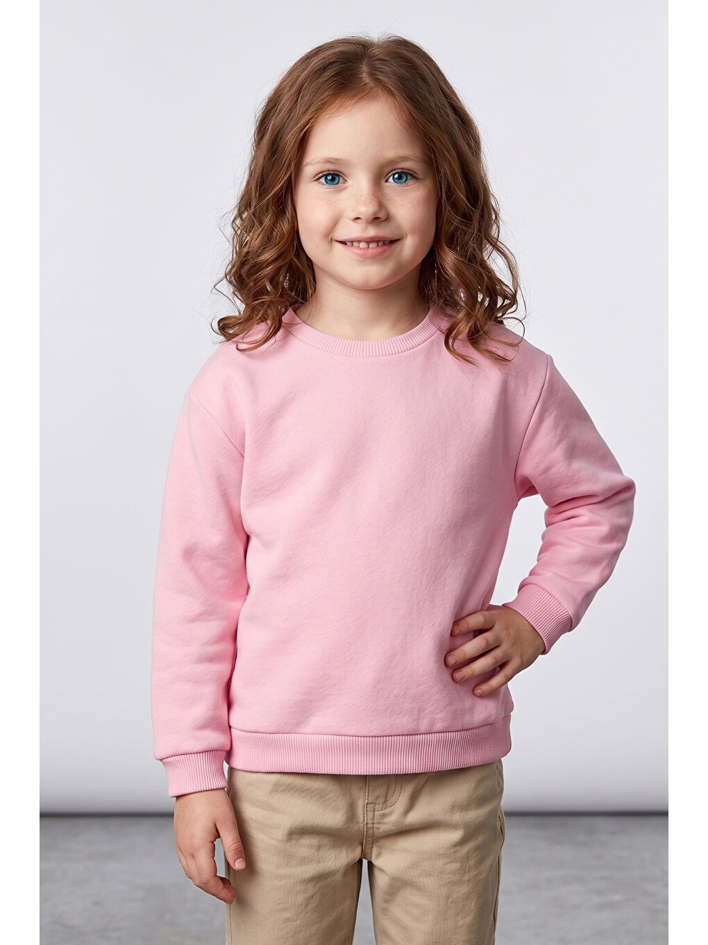 Pembe 3 İplik Basic Unisex Çocuk Sweatshirt-1