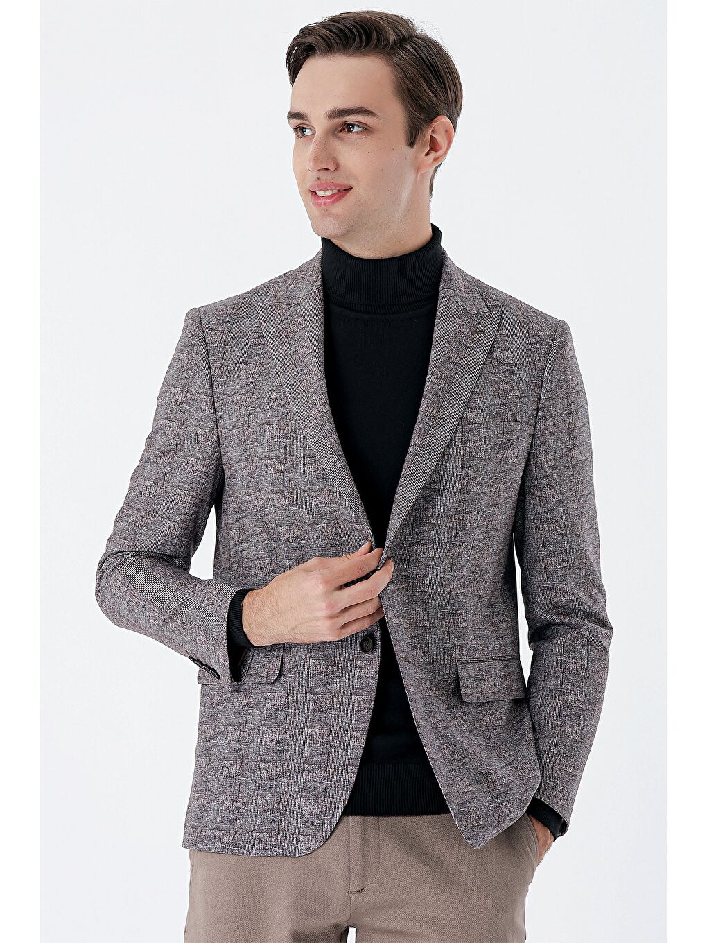 Koyu Kahverengi Ekoseli Örme Kırlangıç Yaka Çift Yırtmaç 6 Drop Slim Fit Klasik Ceket 1002235110