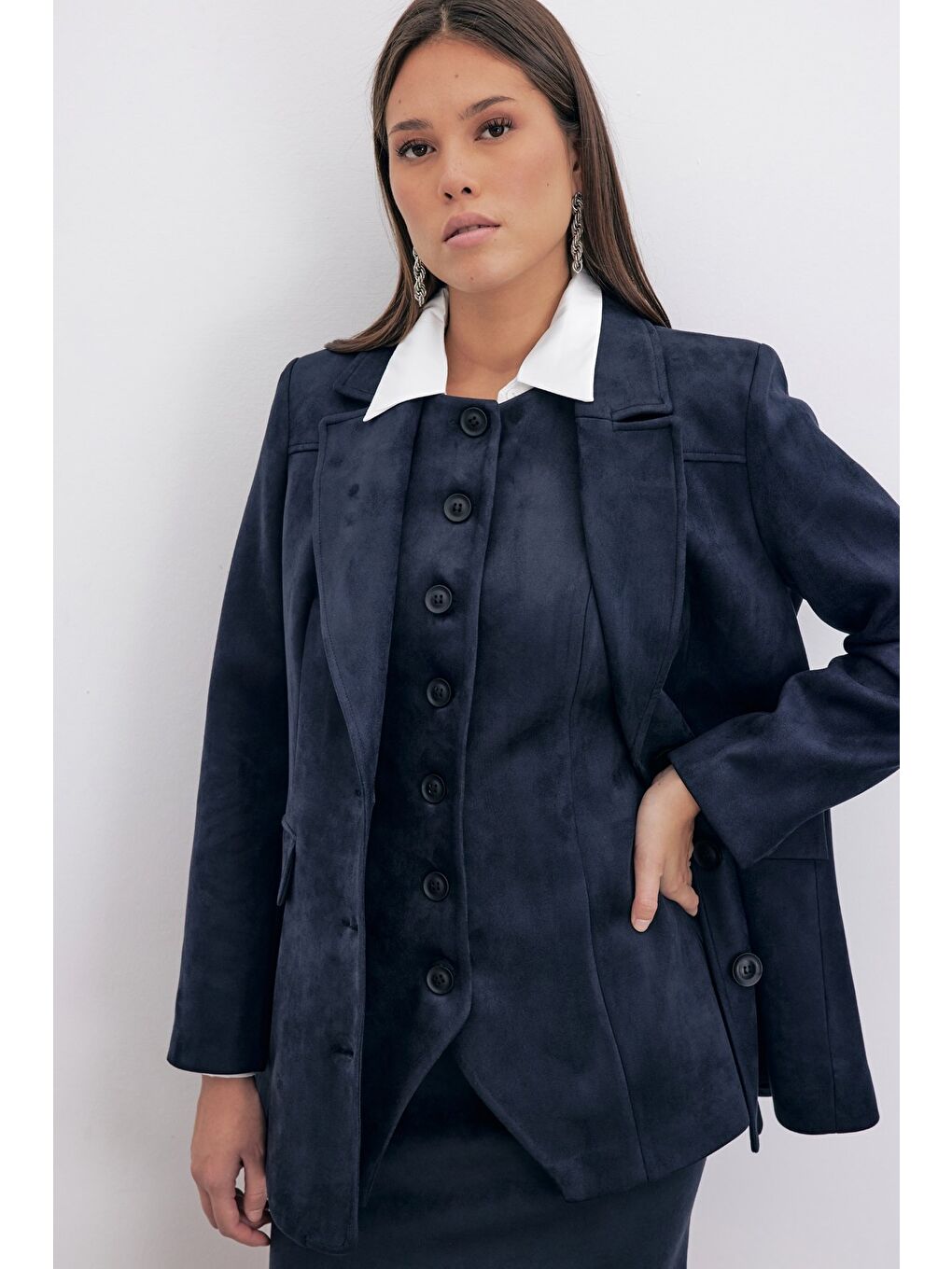 SATEEN Düğmeli Uzun Süet Yelek - Lacivert - 3