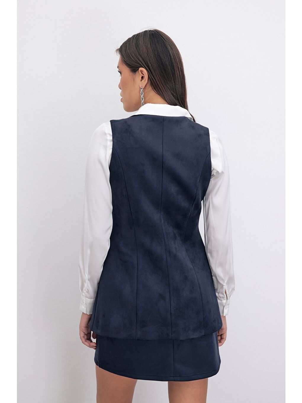 SATEEN Düğmeli Uzun Süet Yelek - Lacivert - 4