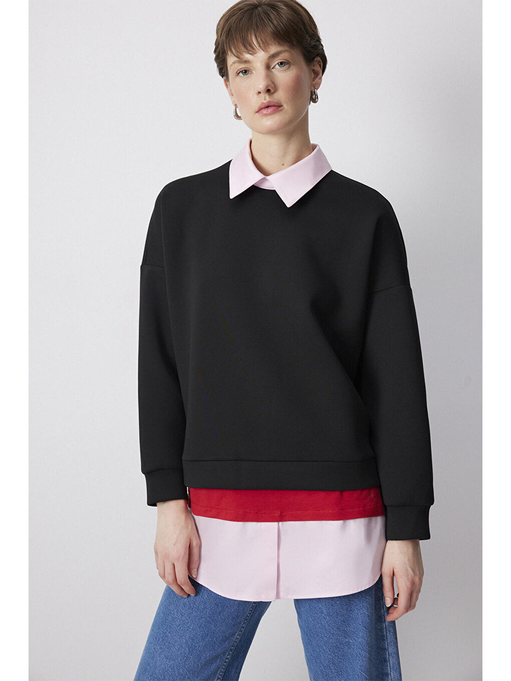 Siyah Gömlek Yaka Scuba Sweatshırt-2