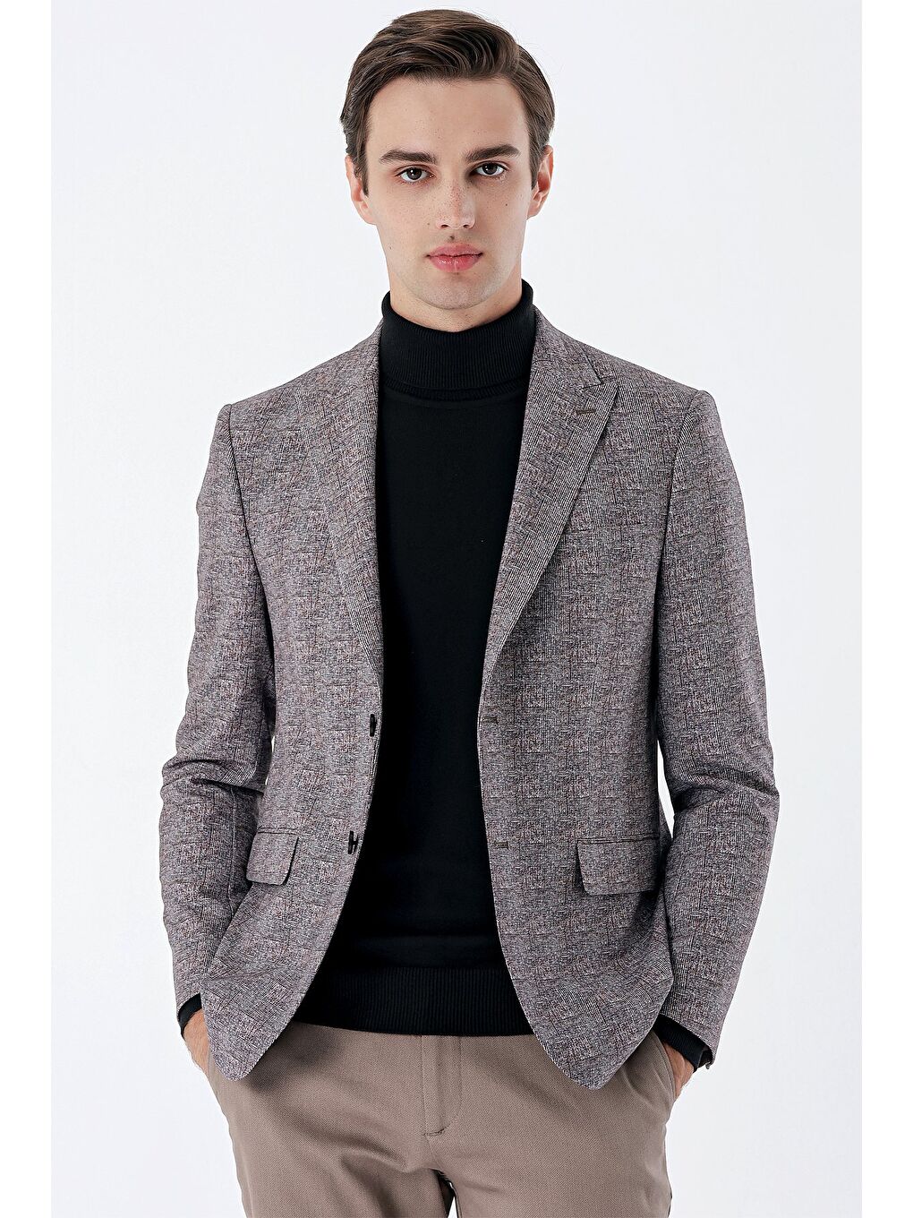 Koyu Kahverengi Ekoseli Örme Kırlangıç Yaka Çift Yırtmaç 6 Drop Slim Fit Klasik Ceket 1002235110-1
