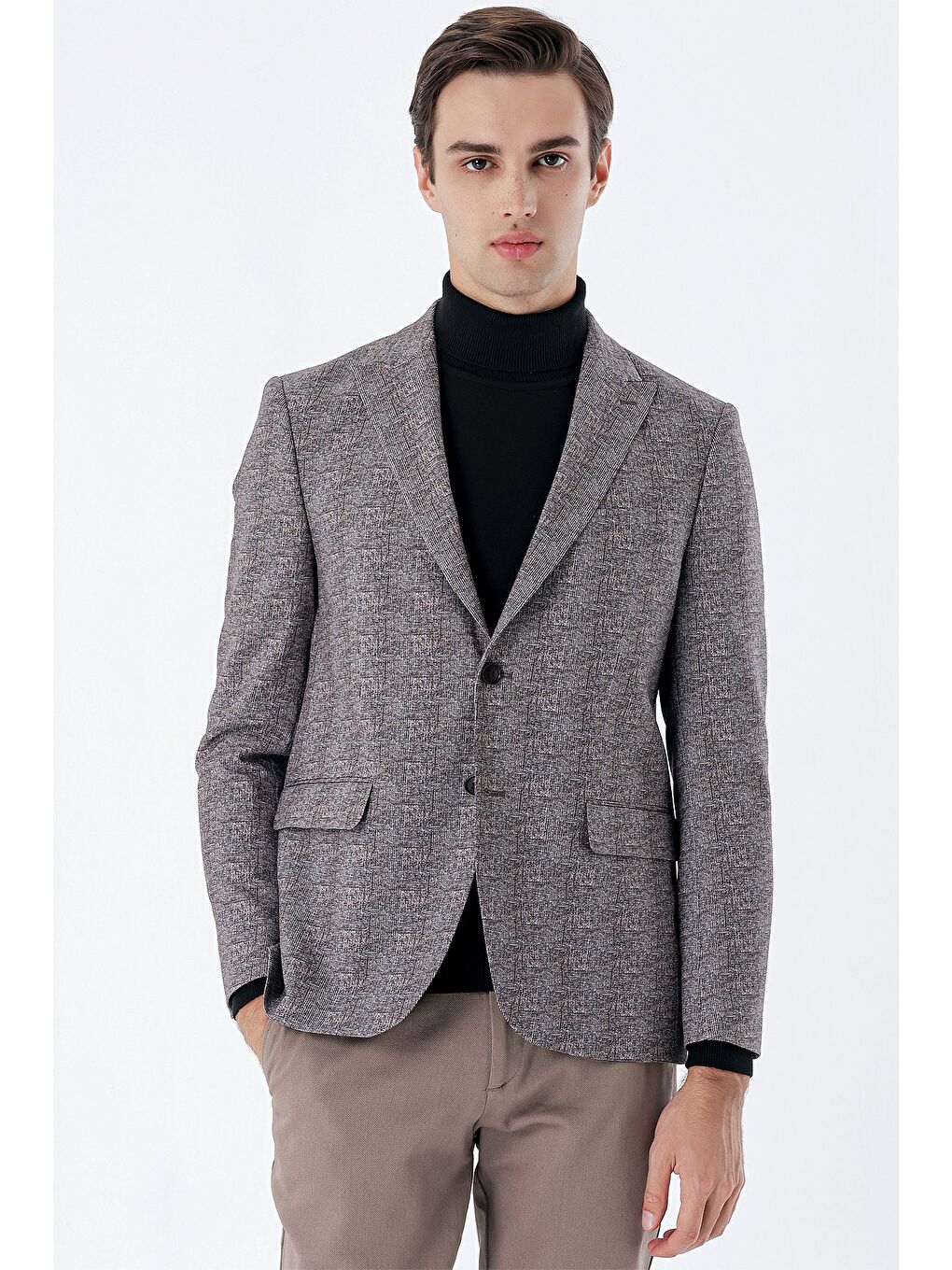 Koyu Kahverengi Ekoseli Örme Kırlangıç Yaka Çift Yırtmaç 6 Drop Slim Fit Klasik Ceket 1002235110-2