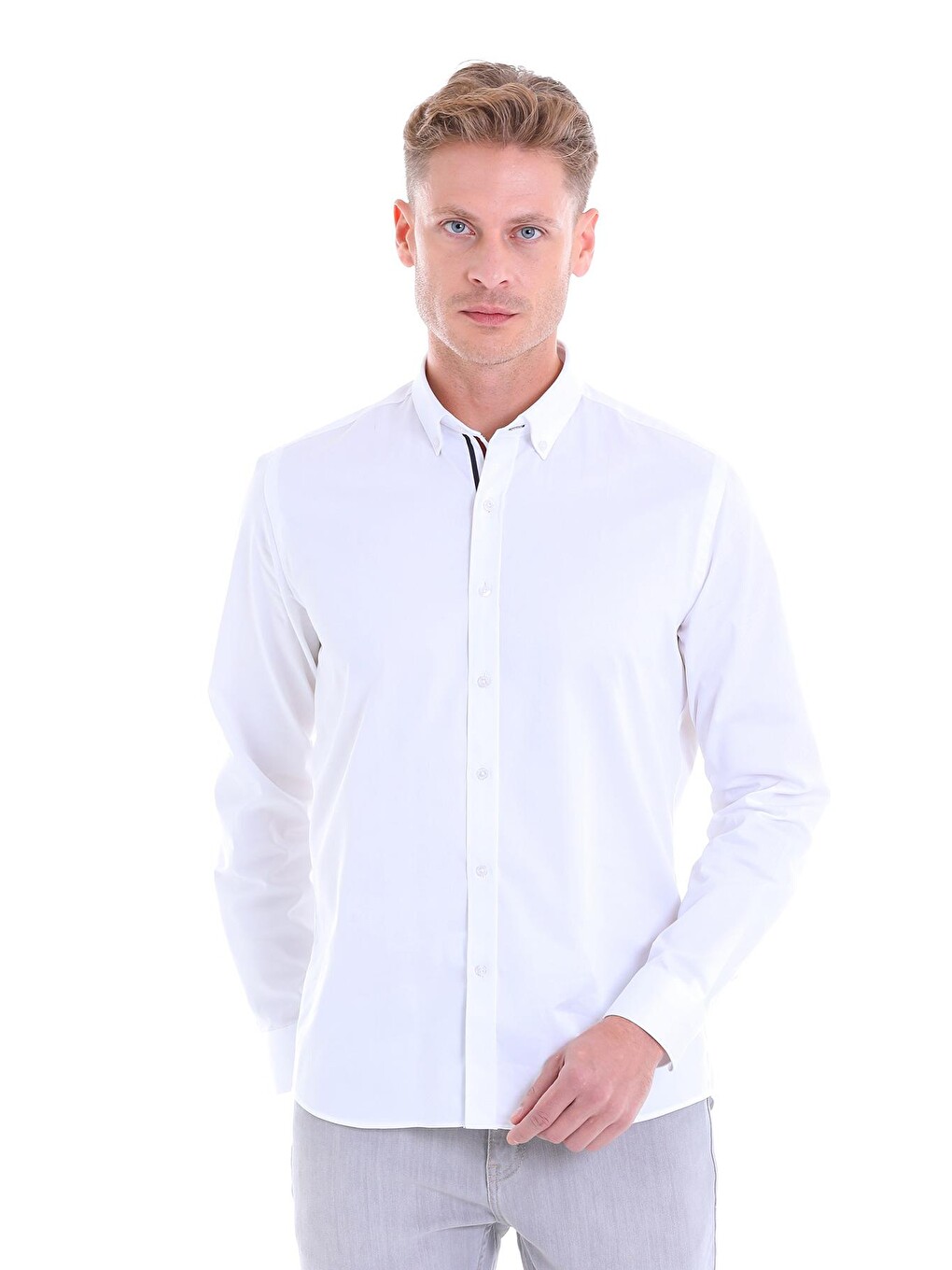 Beyaz Comfort Fit Düz 100% Pamuk Slim Yaka Uzun Kollu Klasik Saten Gömlek-1