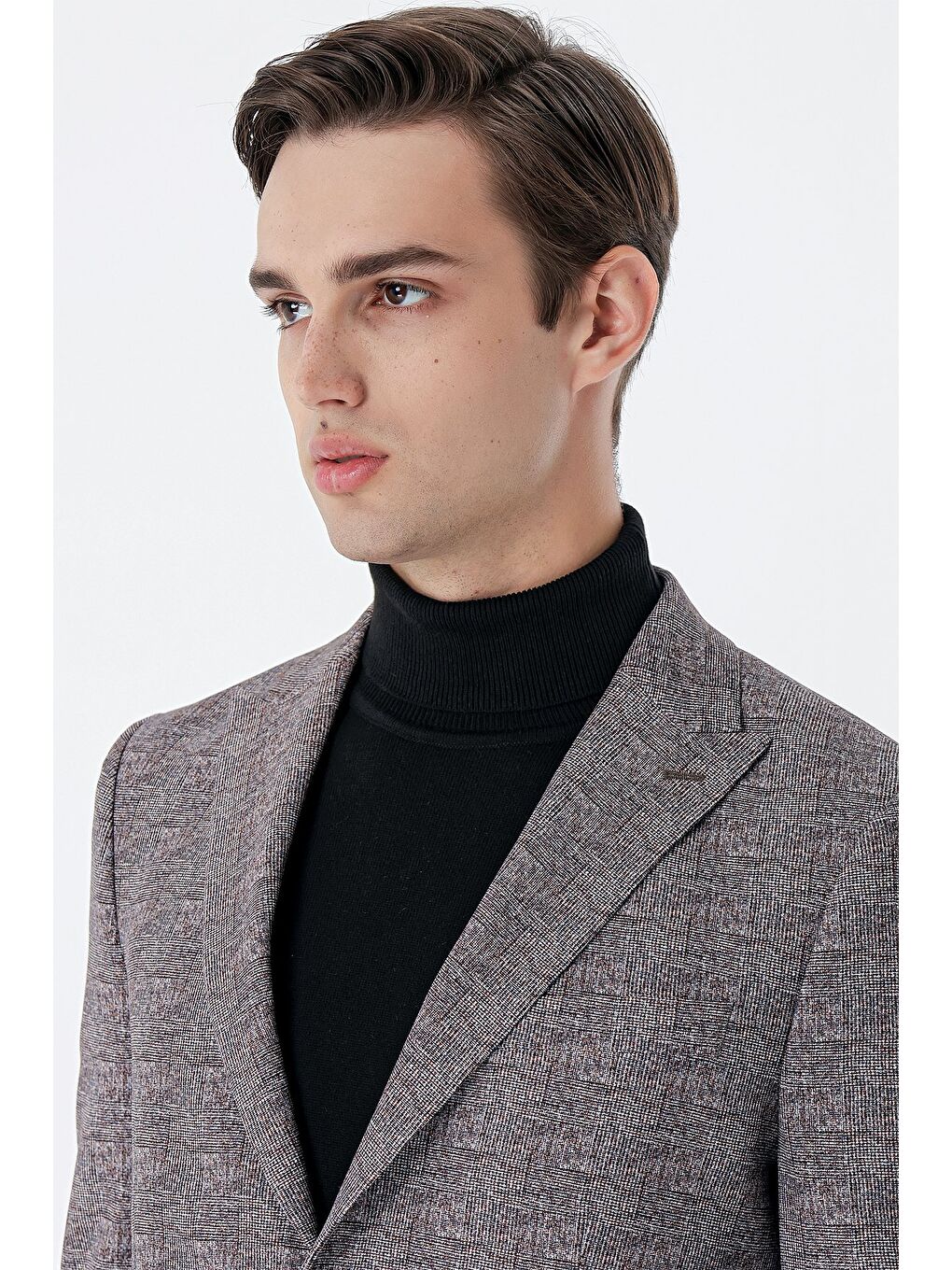 Koyu Kahverengi Ekoseli Örme Kırlangıç Yaka Çift Yırtmaç 6 Drop Slim Fit Klasik Ceket 1002235110-3